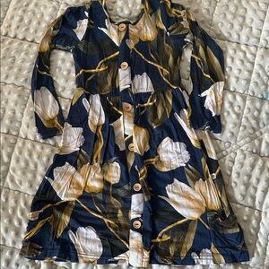 Elegant Floral Button-Down Kids Dress - Navy and Gold